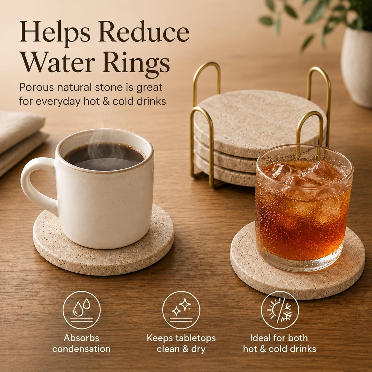 Travertine Coasters with Gold Holder, Set of 4 Natural Stone, Cork Backing