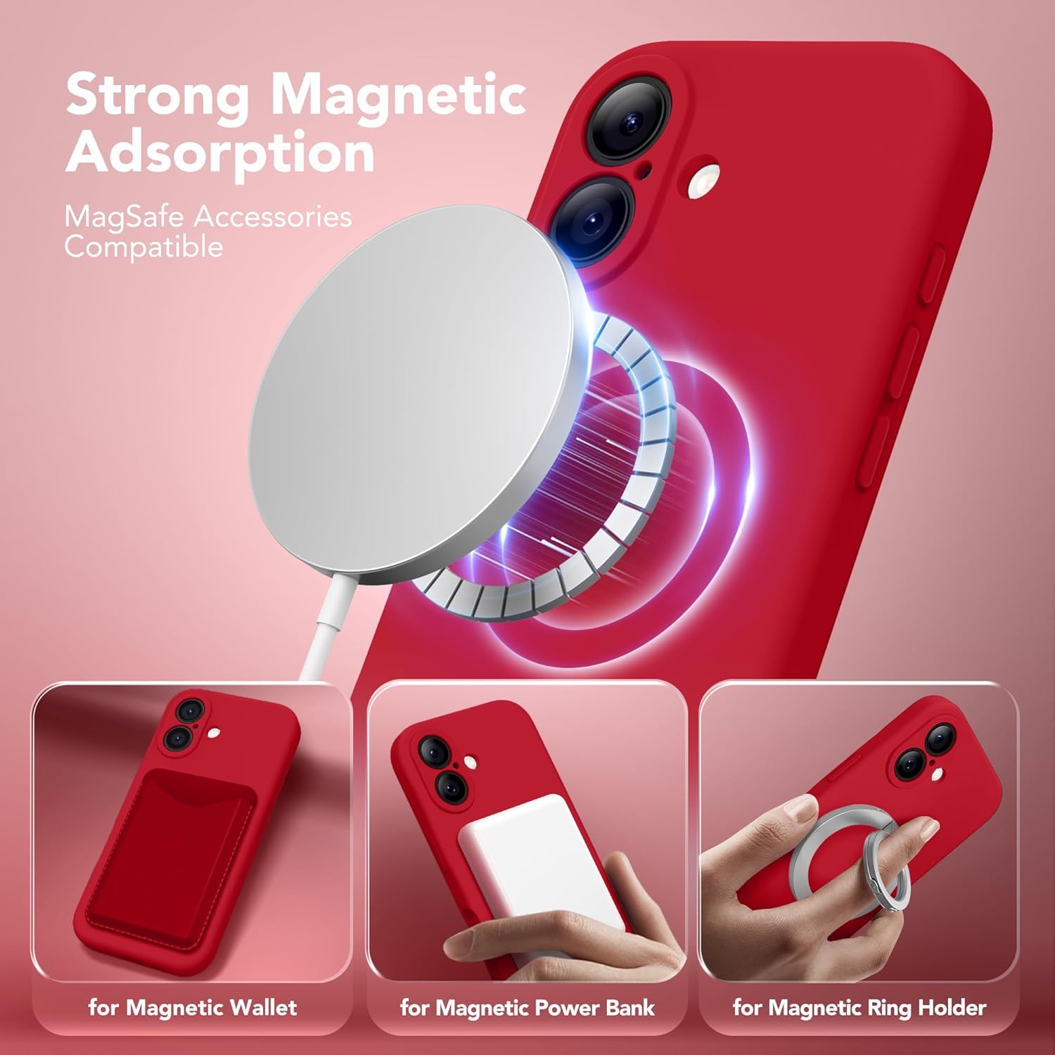 Magnetic for iPhone 16 Case, Compatible with MagSafe, [Screen Protector + Full Camera Protection], Silicone Shockproof Anti-Scratch Protective Phone Case for iPhone 16 6.1", Deep Red - Image 2