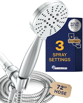 HammerHead Metal 3-Spray Shower Head with Handheld High Pressure, Long Hose