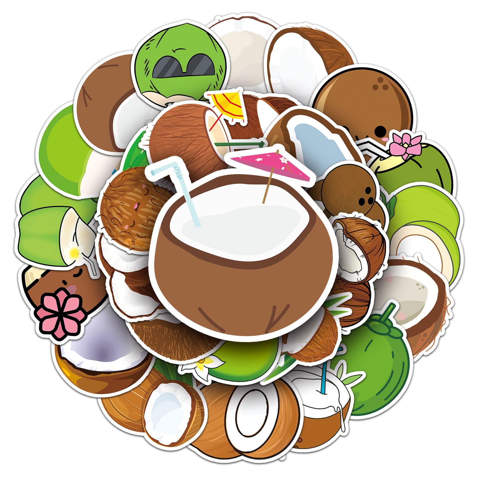 Affoto Coconut Stickers (50 Pieces), Assorted Tropical Stickers for Laptop, Skateboard, Car, Luggage & More, Waterproof Vinyl PVC, Smooth Surface