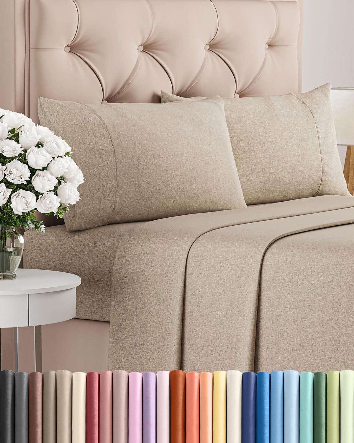 King Size 4 Piece Sheet Set - Comfy Breathable & Cooling Bed Sheets Set - Hotel Luxury Bedding for Women, Men, Kids, Teens, Boys & Girls - Deep Pockets, Soft & Wrinkle Free - Beige (Heathered Sheets)