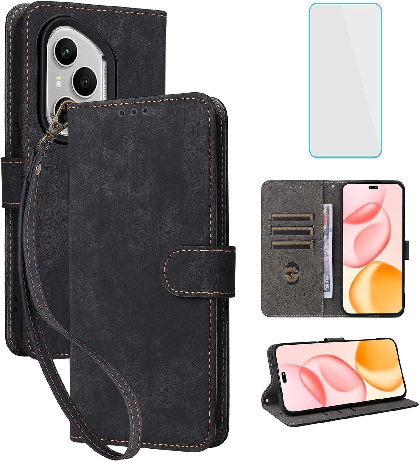 Handyh lle f r Honor 400 Pro 5G H lle mit Panzerglas RFID Sto feste Schutzh lle Kartenfach Klapph lle Standfunktion Geldb rse Lederh lle f r Honor400 Pro Honor 400Pro 5G Schwarz