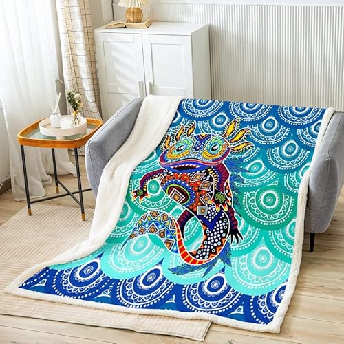 Axolotl Fleece Bed Blanket Turquoise Mandala Plush Blanket Throw Aztec Southwestern Indian Sherpa Blanket For Kids Boys Girls Ocean Animal Coastal Salamander Fuzzy Blanket Sofa Decor Queen 90"X90" #TOP2