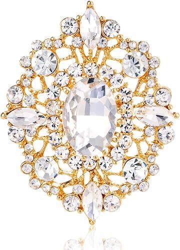 LAXPICOL Broche de cristal austriaco transparente vintage para mujer, elegante broche de novia de boda, broche de 1.69 x 1.39 pulgadas
