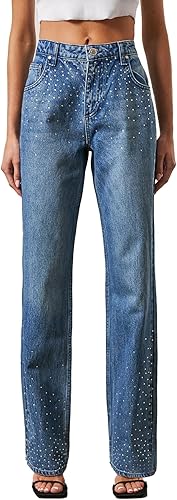 Kedera Womens High Waisted Rhinestone Jeans Wide Leg Sparkly Black Denim Pants L