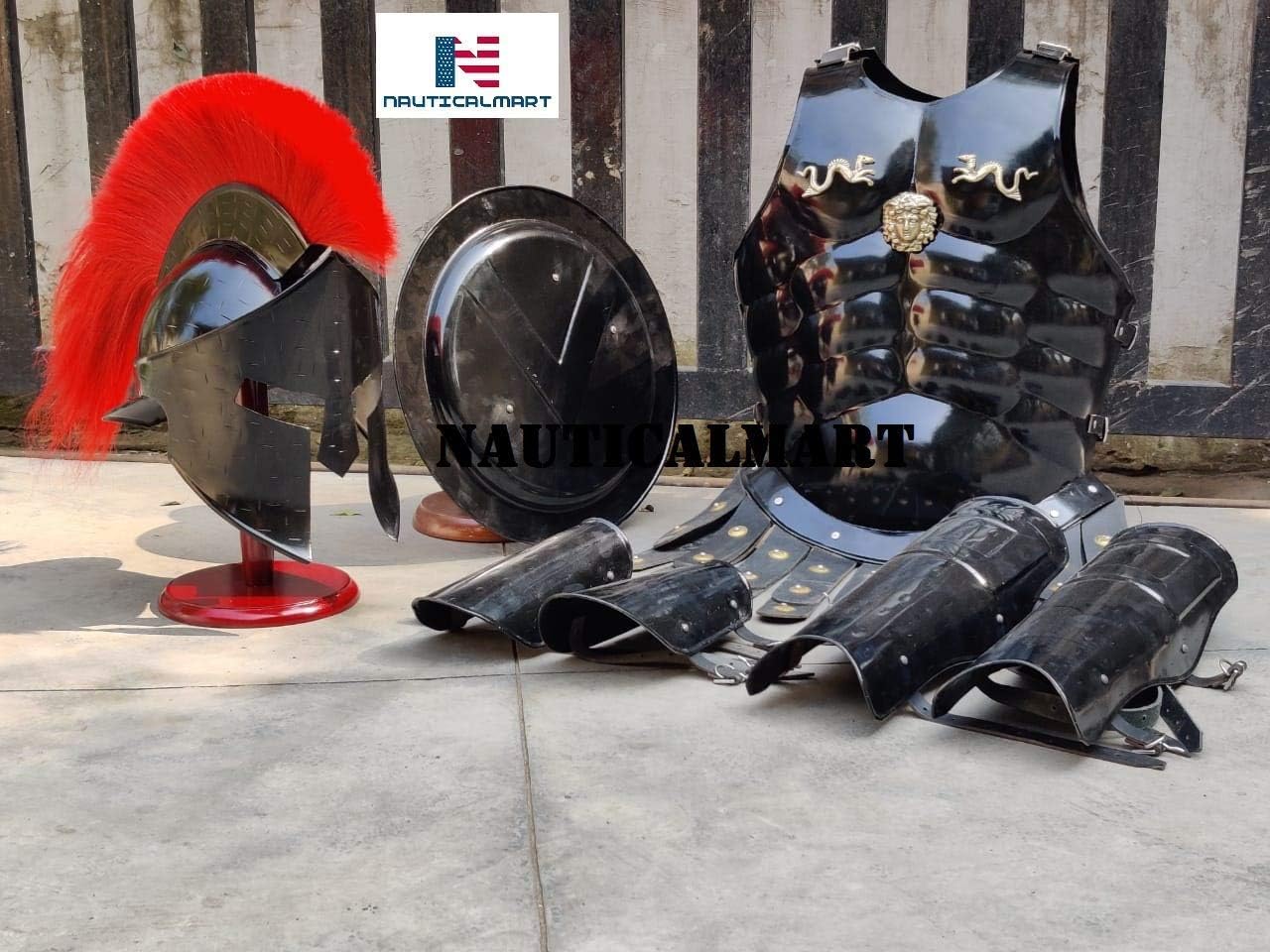 Medieval Roman King Leonidas 300 Spartan Helmet W/Red Plume + Muscle Armor + Shield + Leg Or Arm Guard by NauticalMart