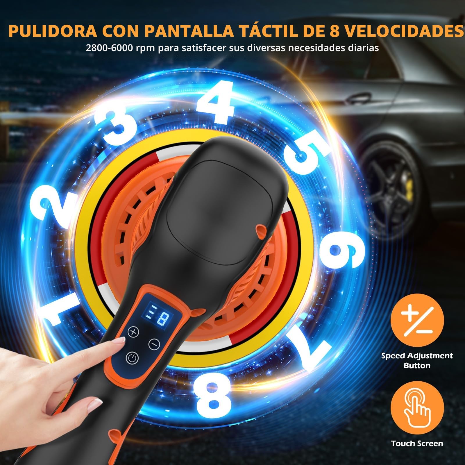 Pulidora de coche inalámbrica, kit de pulido de coche con baterías 21 V 4,0 Ah, pulidora orbital con 8 pulidores pantalla táctil variables de 6 pulgadas para detalles de coche/eliminación arañazos