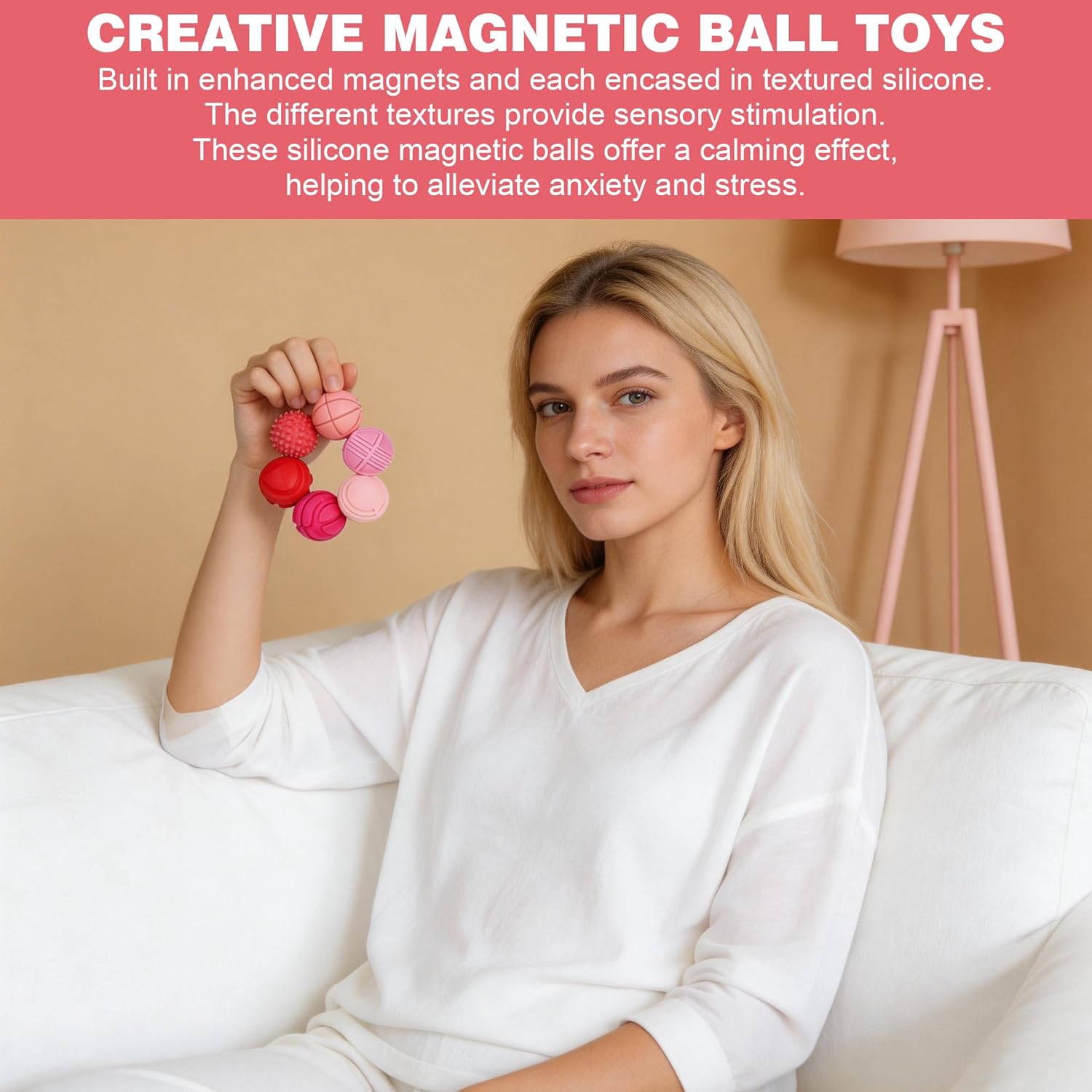 6 Silicone Magnetic Fidget Balls, Multi-Texture Sensory Stress Balls for Anxiety Relief & Focus, Pink/Red Gradient