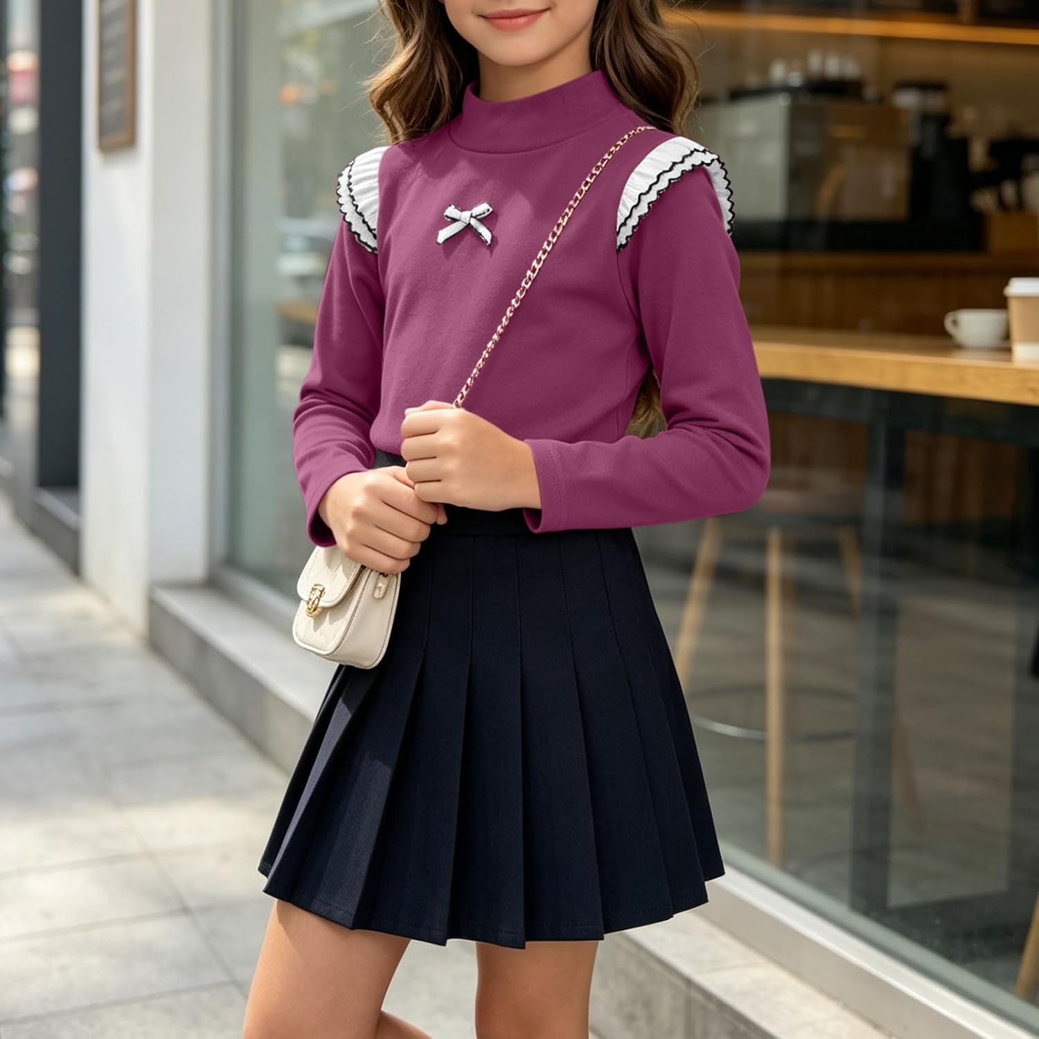 Girls Long Sleeve Mock Turtleneck Shirts Slim Bow Base Layer Top