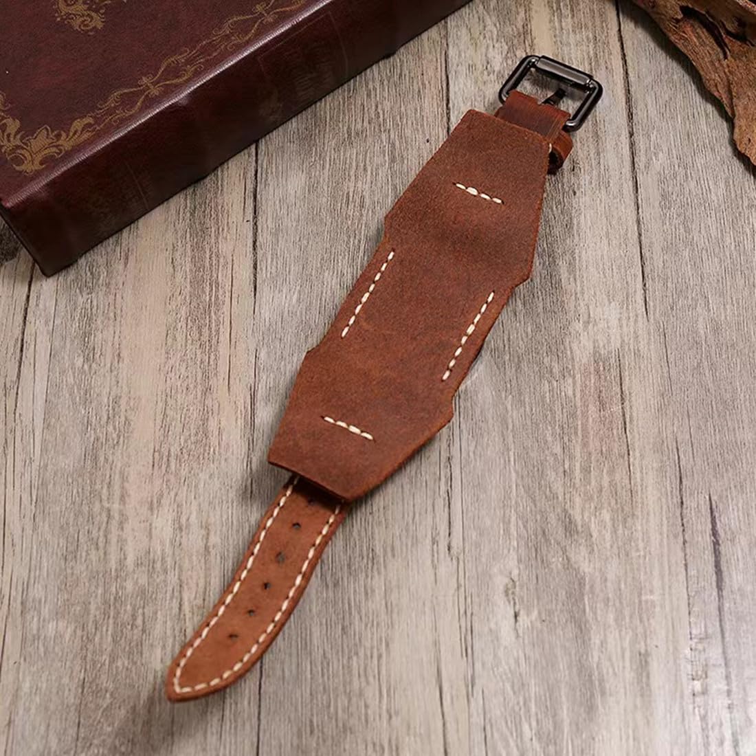 MINILUJIA Reloj de pulsera para hombre cosido a mano con cuerda de cera, vintage, punk, hiphop, gótico, ancho, de cuero, redondo, cuarzo, esfera grande, negro y marrón