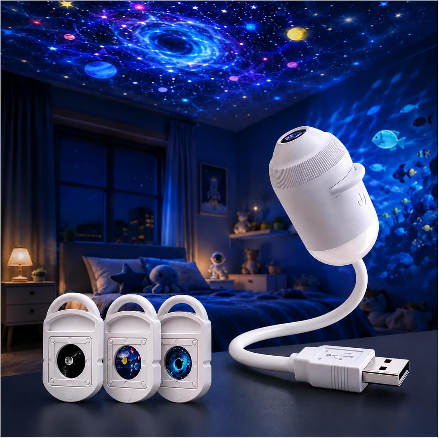 Galaxy Night Light Projector: 2-In-1 Ocean Projector Star Night Light Plug and Play Hd 5D Holographic Smart Dynamic Ceiling Lamp 360° USB (With 3-24 Films) for Bedroom Car Roof [Energy Class A+++]