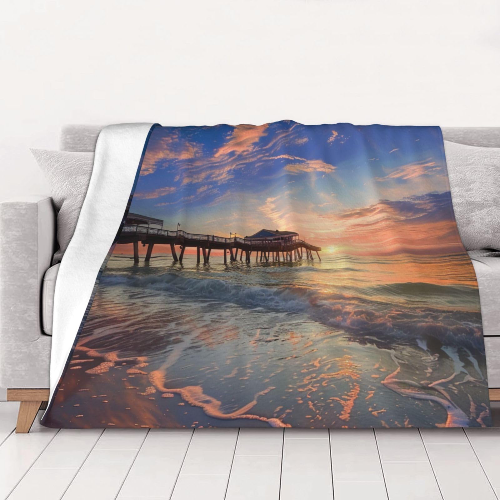 AUBKFELD sunset at the beach bridge Printed Flannel Blanket 200x150 CM, Soft & Warm Throw Blanket for Sofa/Couch/Bed/Car, Gifts for Audlts Women Men
