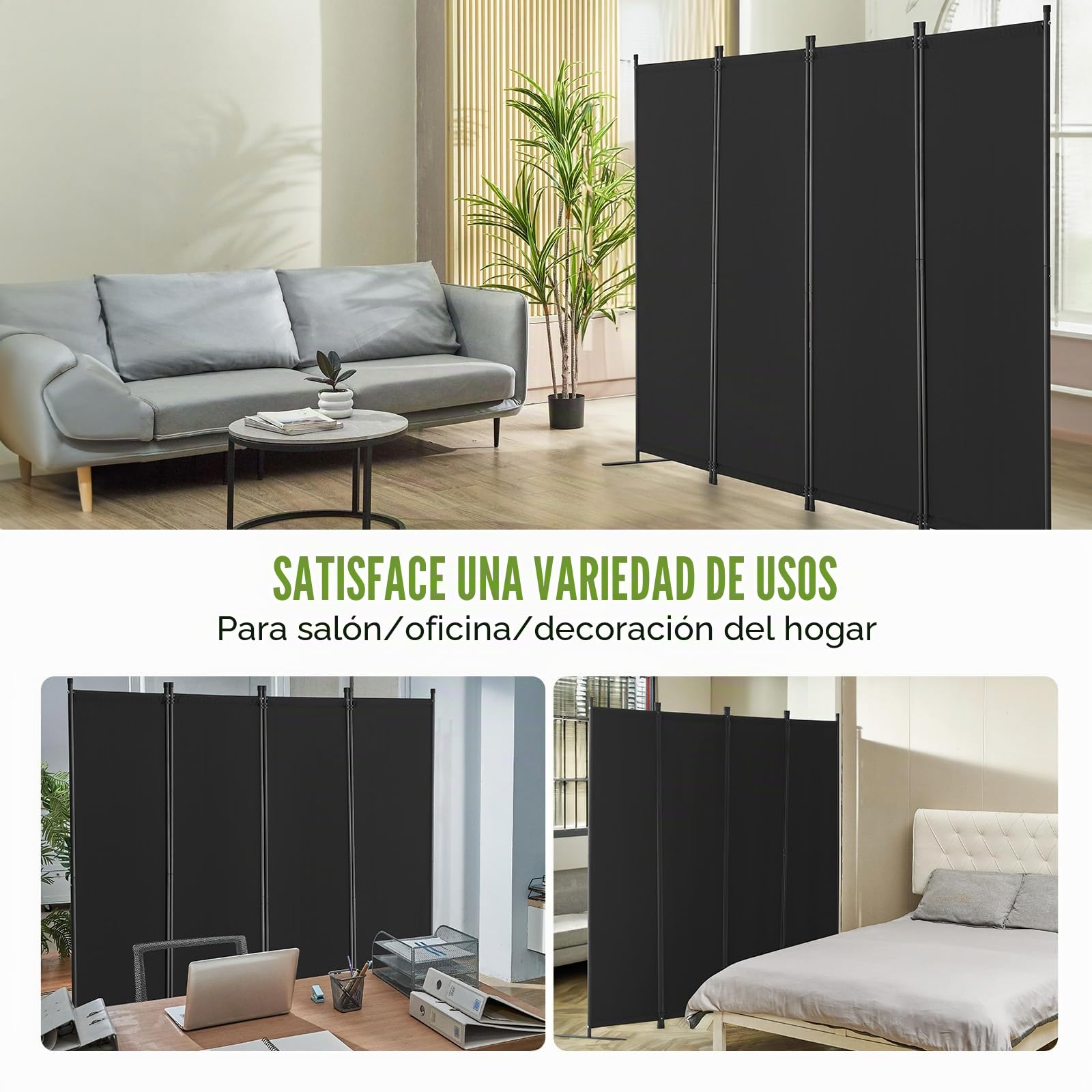 VEVOR Biombo Separador Plegable 4 Paneles con Marco de Acero al Carbono y Tela de poliéster Separador de Ambientes de Privacidad 228x45x172,5 cm para Oficina, Dormitorio, Comedor, Estudio, Negro