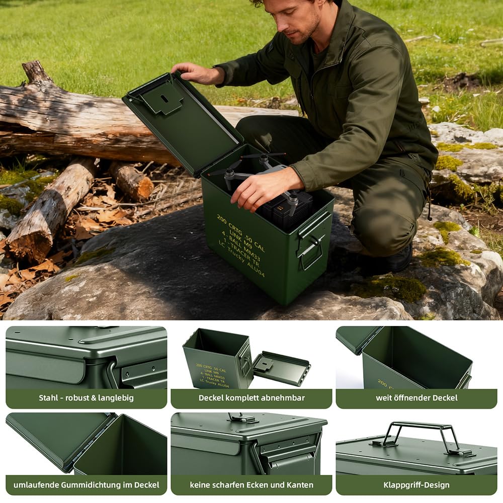 Trucky Munitionsbox Ammo Box 33x19x28 cm Metallkiste Munitionskiste Metallbox Aufbewahrungsbox mit Deckel Army Grün Metall - 4