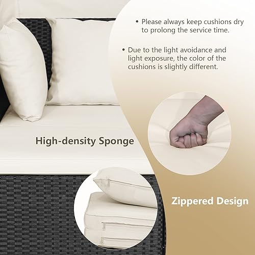 Miniatura 8 de HAPPYGRILL Juego de sofá biplaza de mimbre de polietileno tejido a mano para exteriores con toldo retráctil y 2 mesas laterales, tumbona para