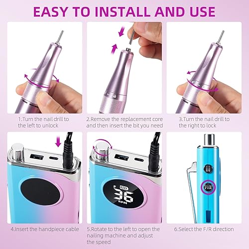 Miniatura 7 de Taladro de uñas eléctrico profesional máquina de taladro eléctrico de uñas de 40000 RPM, Efile de uñas recargable para uñas de gel acrílico,