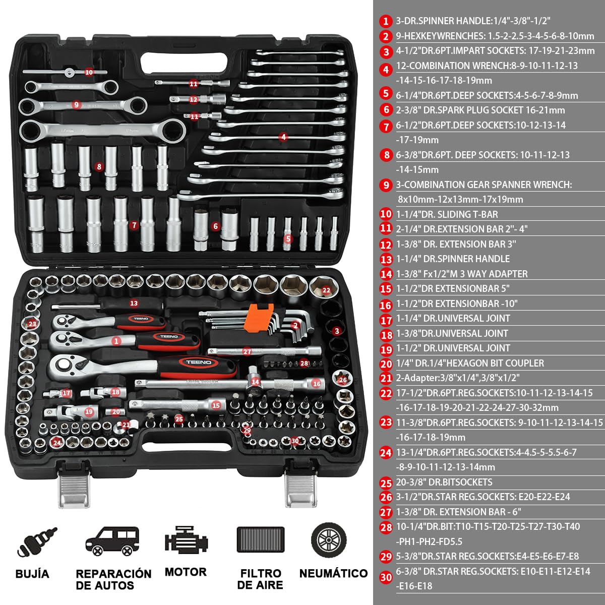 TEENO Set di 151 Chiavi a Bussola, Chiavi a Cricchetto 1/2", 1/4", 3/8", Set Chiavi a Tubo in Cr-V, Set di Attrezzi per Meccanica con Chiavi a Cricchetto Doppie, Kit di Attrezzi Meccanici per Auto