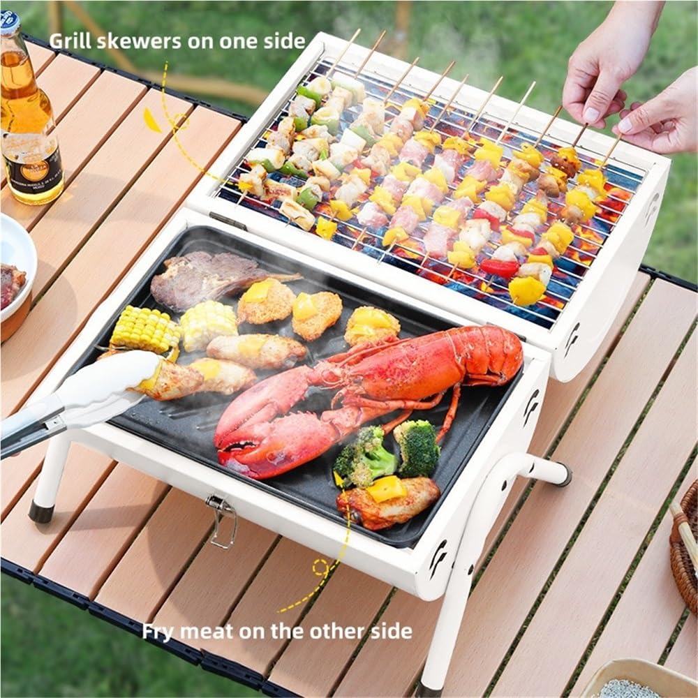 Small Portable Charcoal Grill, Folding Double Sided Camping Barbecue Grill with Handle, Portable Table Charcoal Grill, Barbeque Grill with Chimney(White)