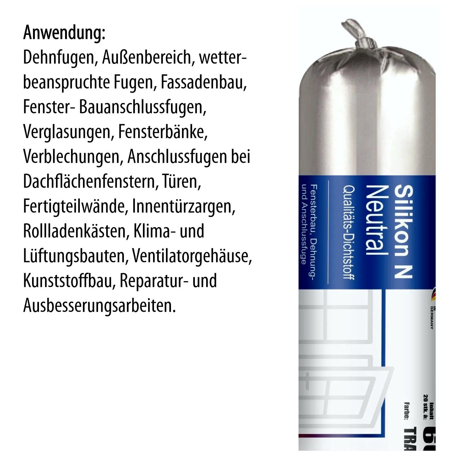 Silikon N Bausilikon transparent - Folienbeutel – neutralvernetzend für Fenster- & Bauanschlussfugen, Glasversiegelung & Dehnfugen – sehr gut verarbeitbar - 12x 400 ml