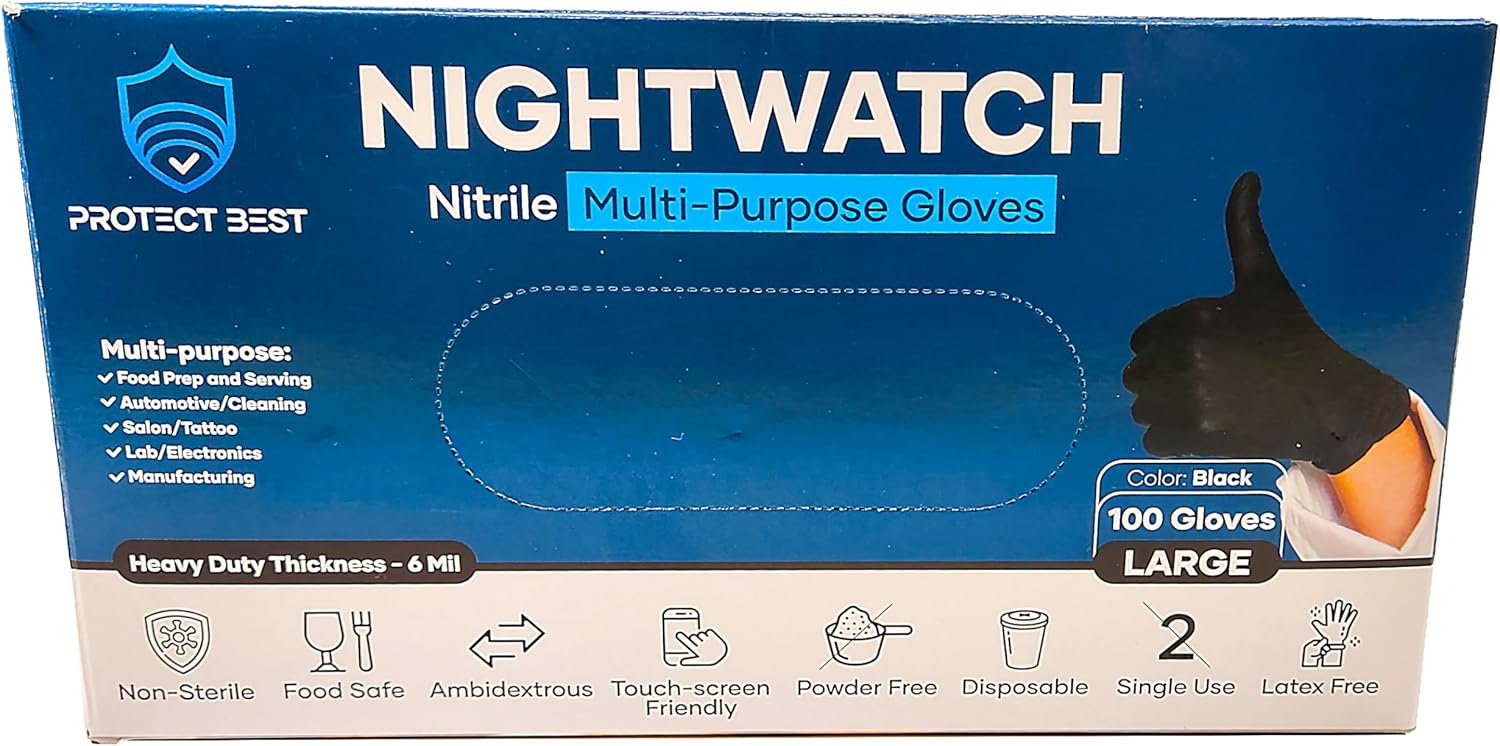 Nightwatch Nitrile Black Disposable Food Safe Gloves, 6 Mil, S-XXL