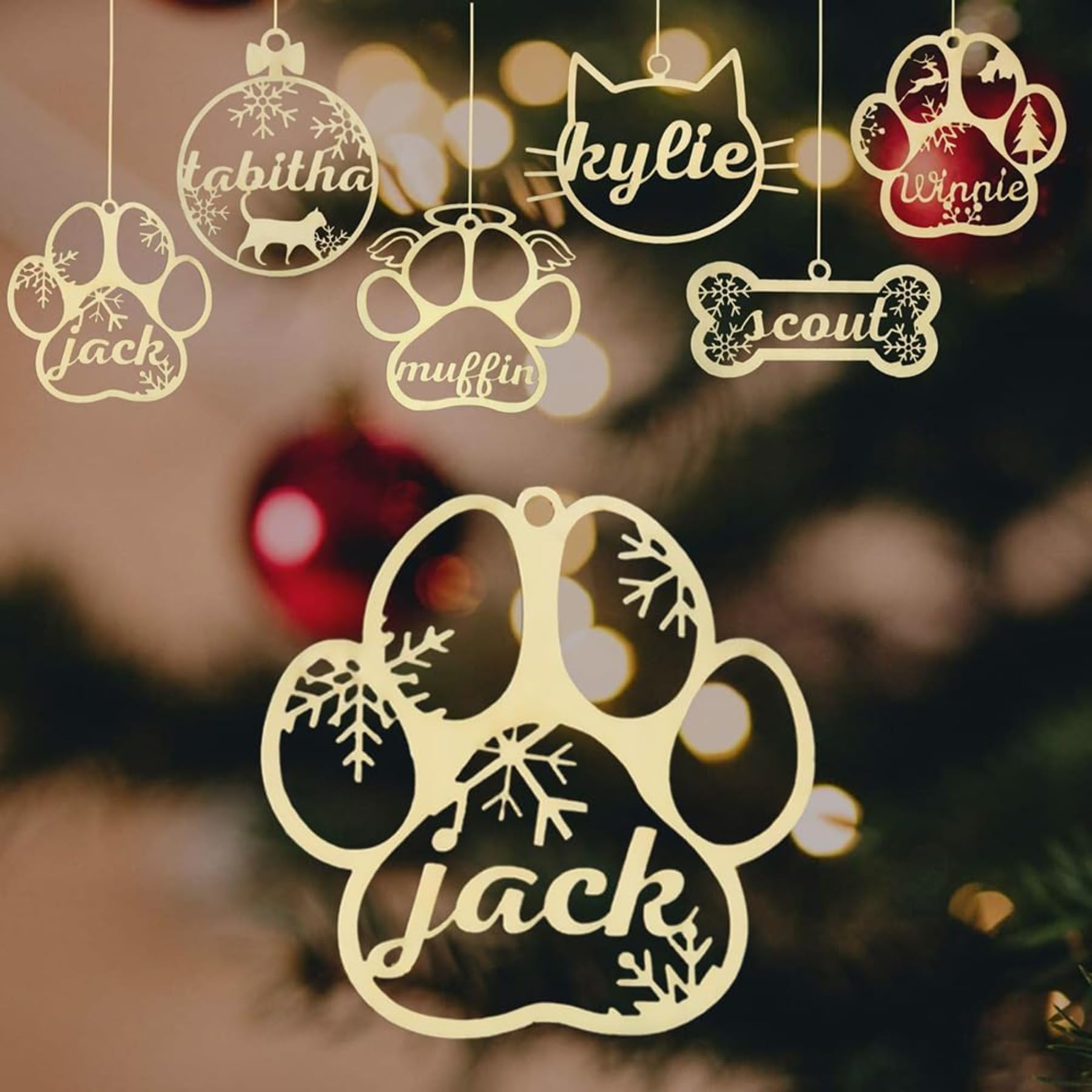 Adorno personalizado con nombre de mascota con diferentes nombres para colgar en el árbol, adorno personalizado de madera para decoración de Navidad, regalo de madera 2024 (20 unidades)