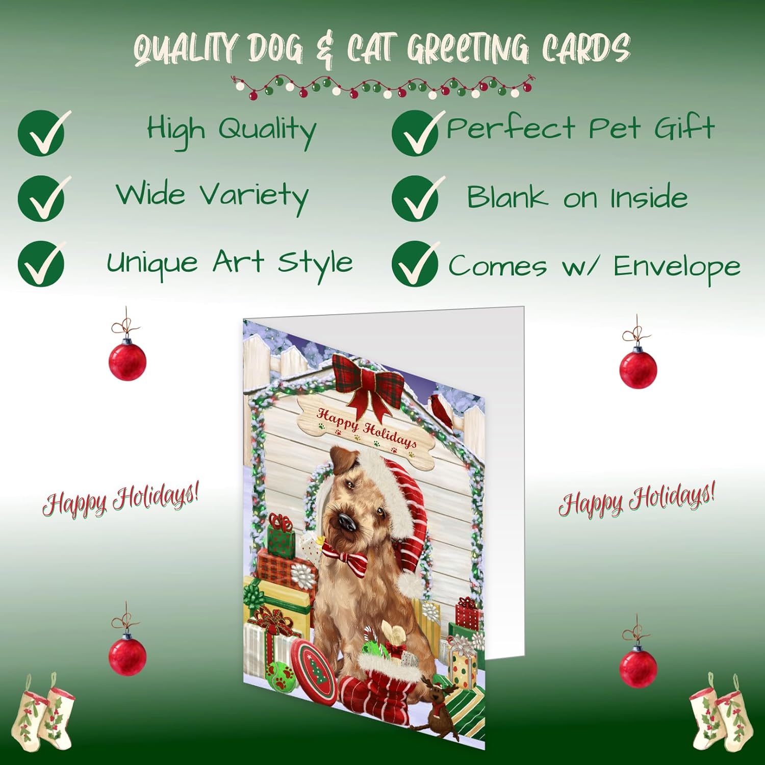 Christmas House with Presentes Airedale Terrier Dog Greeting Cards - Adorable Pets Invitation Cards with Envelopes - Pet Artwork Christmas Greeting Cards GCD57926 (10 Greeting Cards)