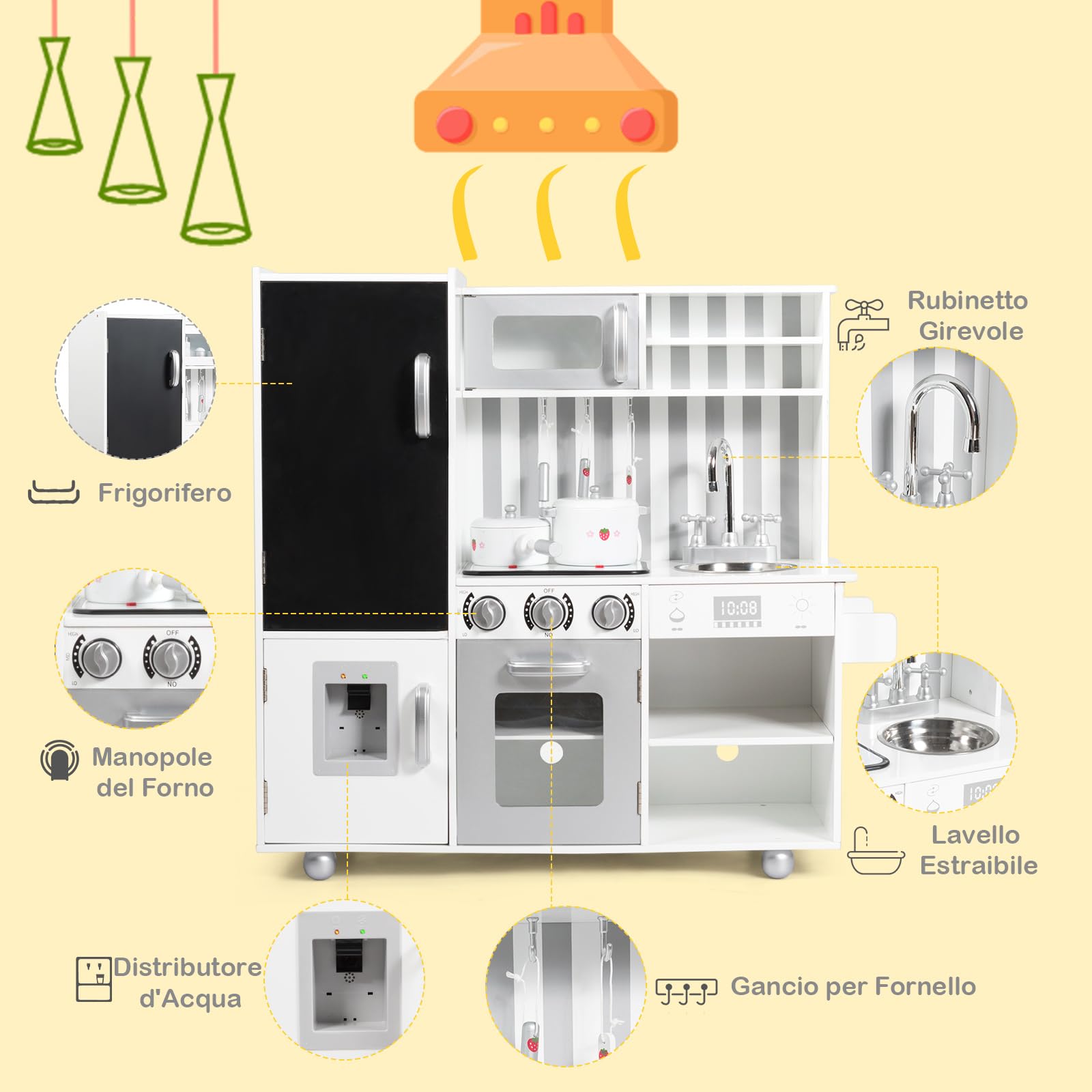 COSTWAY Cucina Giocattolo per Bambini, Cucina per Bambini con Suoni, Lavagna, Lavello, Piano Cottura e Vari Scomparti, 3 Anni+
