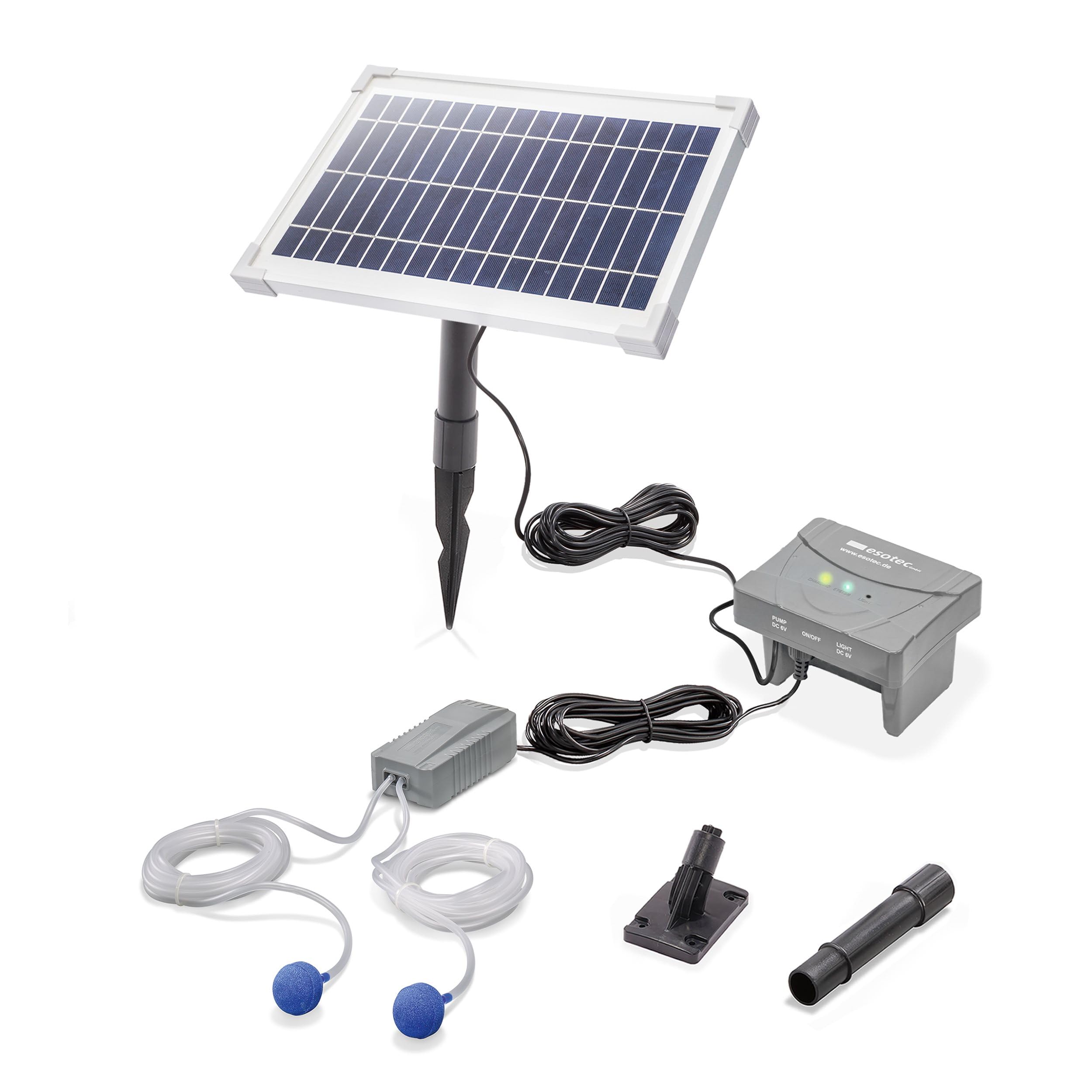 esotec Solar Teichbelüfter Set 8/200, 6,4V/DC Belüfterpumpe, LiFePO4 Akku, Teichbelüftung, Sauerstoffpumpe 200l/h Luftleistung, Solarpanel 8W, Erdspieß 101878