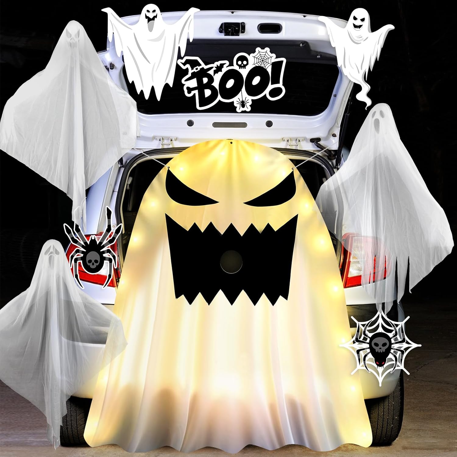 Naozinebi Halloween Trunk or Treat Car Decoration Kit Halloween Decoration with Hanging Ghost Cutouts Ghost and Lights String for Outdoor Garage Door Archway Party Supplies Home Indoor Party Supplies