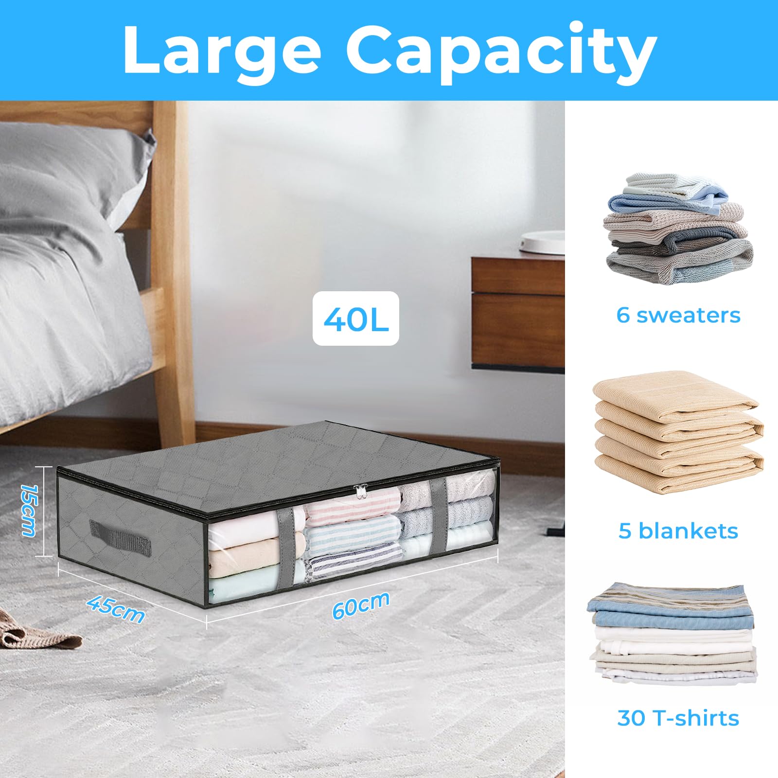 Pavlleen 3 pezzi Scatole per Armadio, 40L Contenitori Sottoletto Confezione, Scatole Pieghevoli Portavestiti con Coperchio e Maniglia, per Organizzare Camere da Letto, Armadi, Vestiti, Trapunte