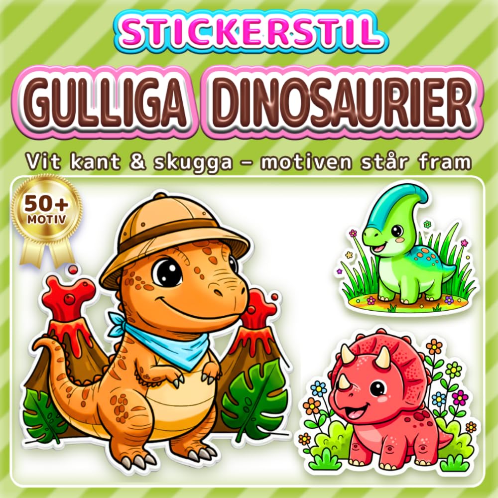 GULLIGA DINOSAURIER: ENKEL OCH ROLIG MÅLARBOK: Över 50 motiv i klistermärkesstil för barn, vuxna och seniorer. Avkoppling, mindfulness och present ... dinosaurier (Målarbok i Klistermärkesstil)