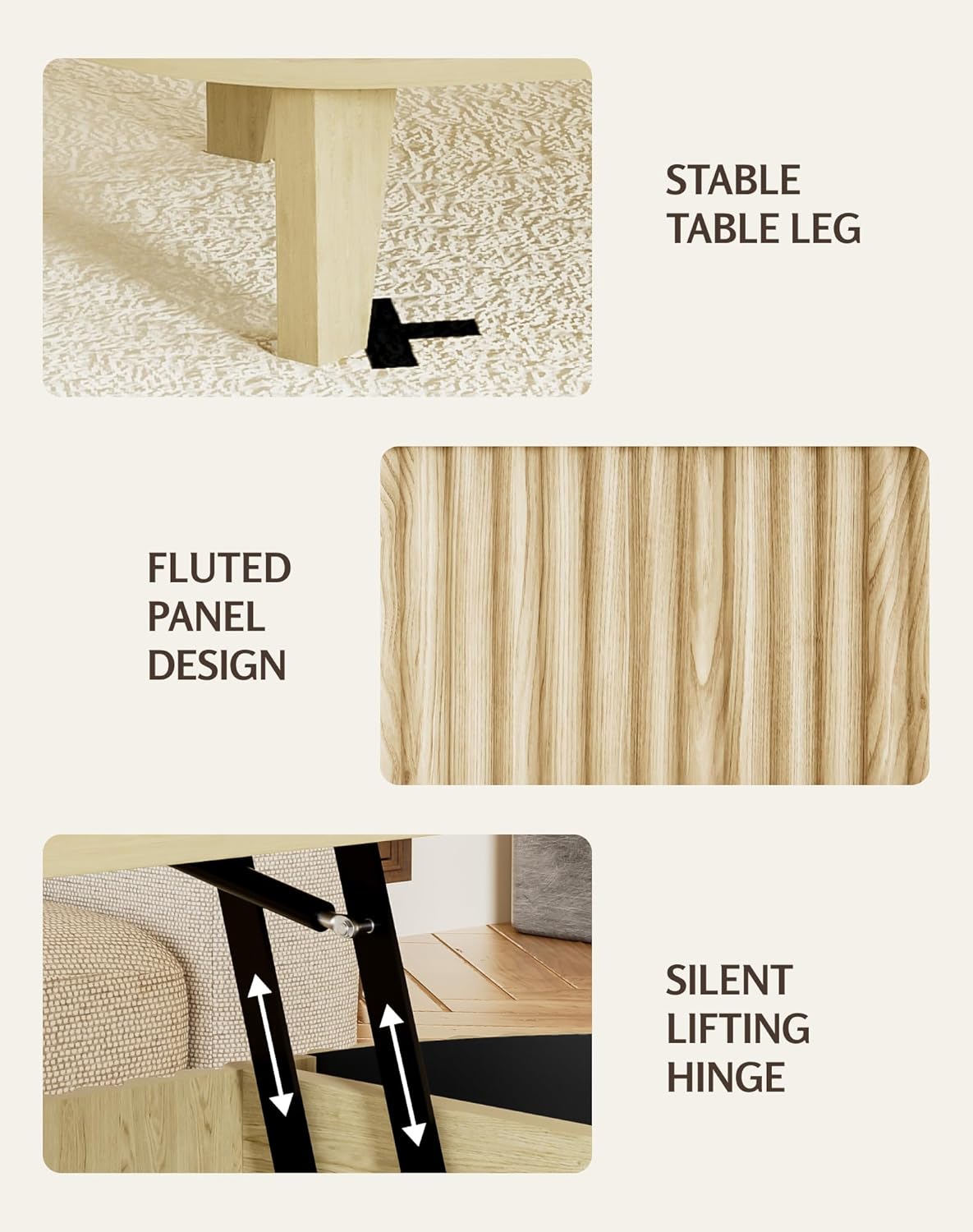 Oval Coffee Table with Lifting Top, 41" Fluted Coffee Table with Storage for Living Room or Home Office, Oak