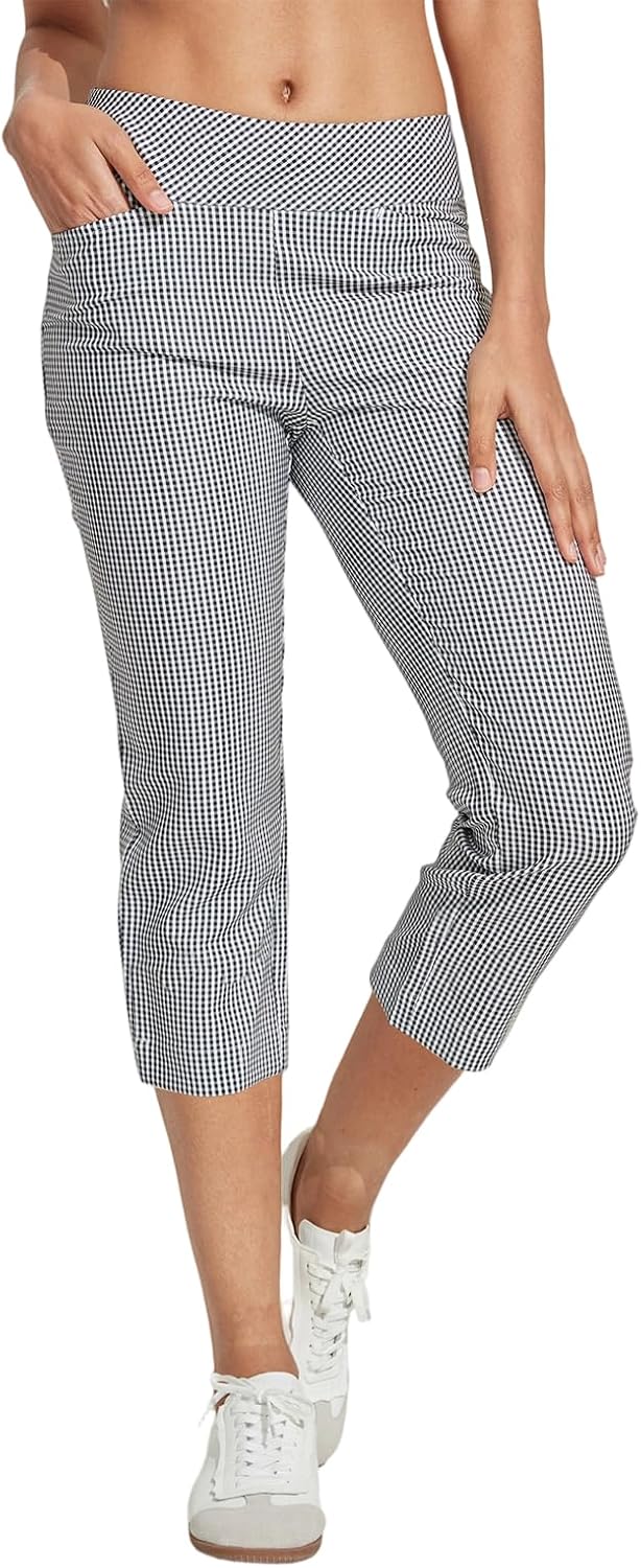 Womens Golf Plaid Pants Business Casual Checkered Capri Pant for Women Stretch Sweatpant with Pockets for Athletic Travel