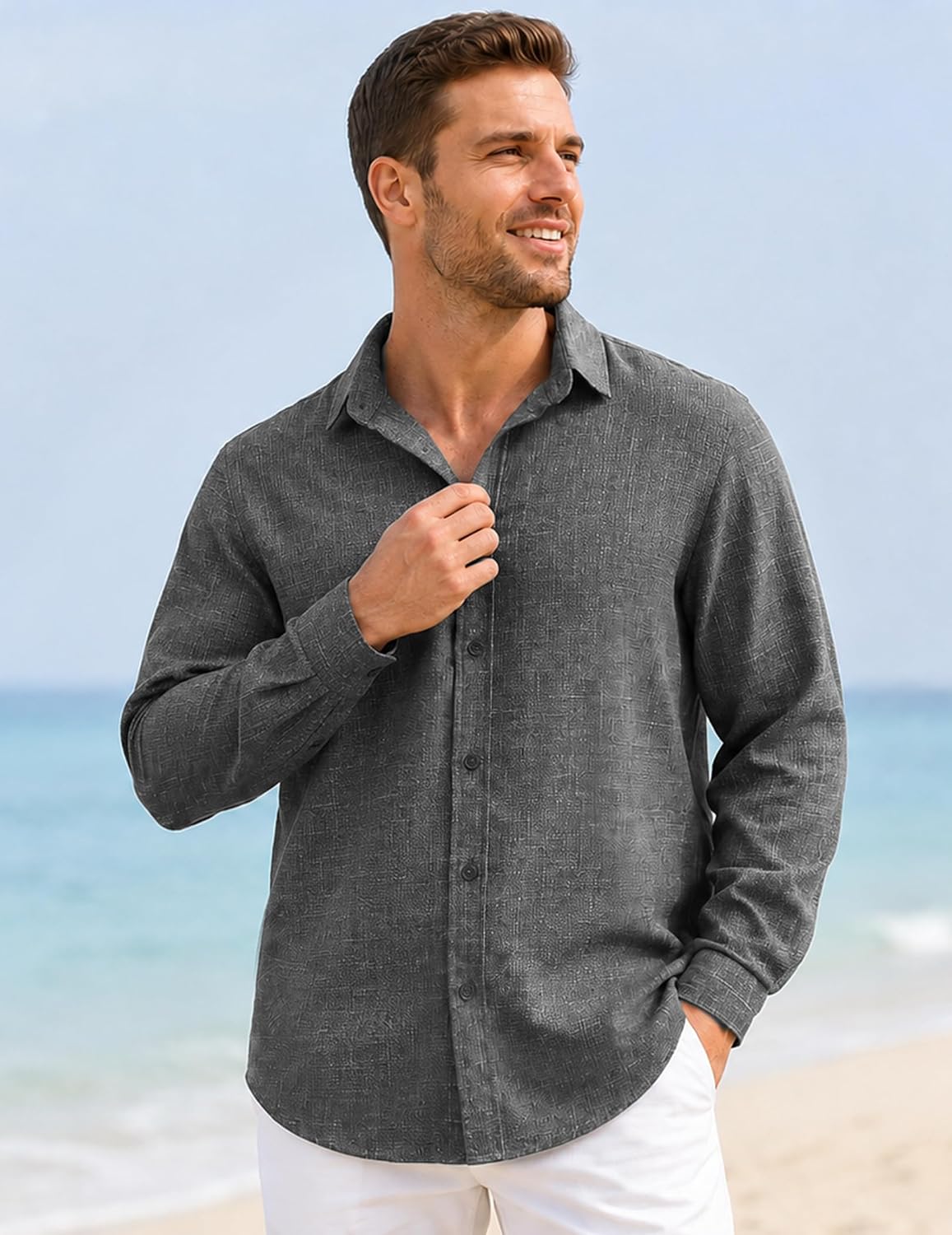 Linen Shirts for Men Long Sleeve Button Down Casual Beach Vacation Wear image 3