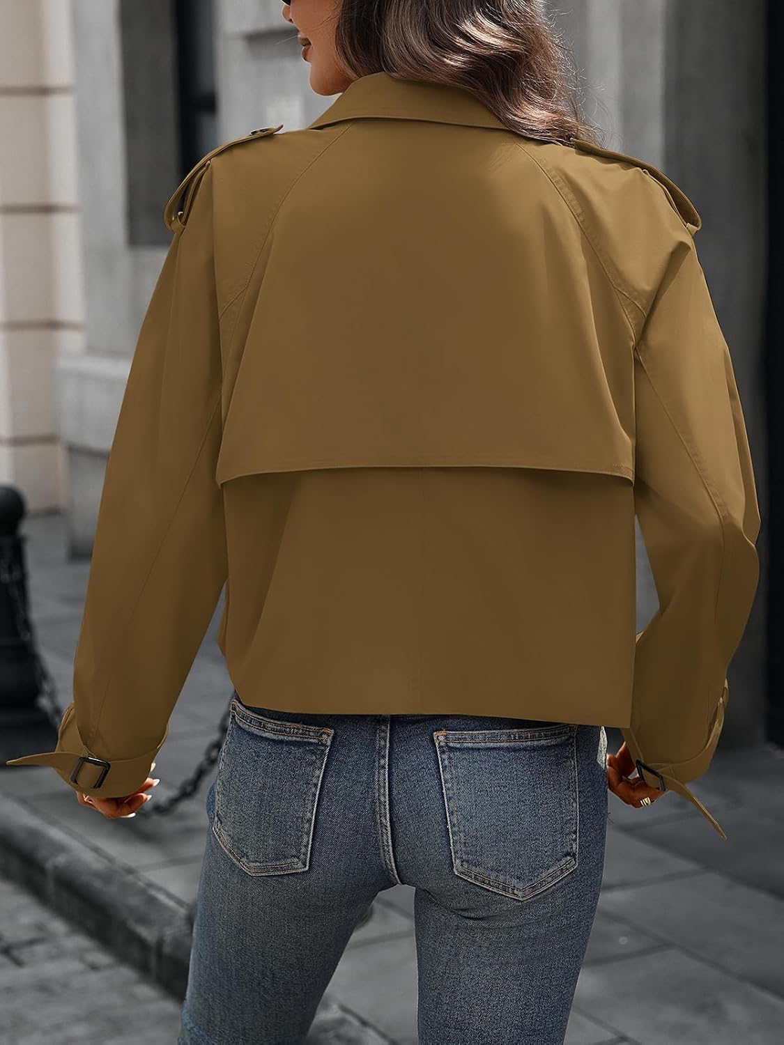 Women's Cropped Trench Coat Lapel Long Sleeve Button Down Crop Jacket Double Breasted Oversized Jacket