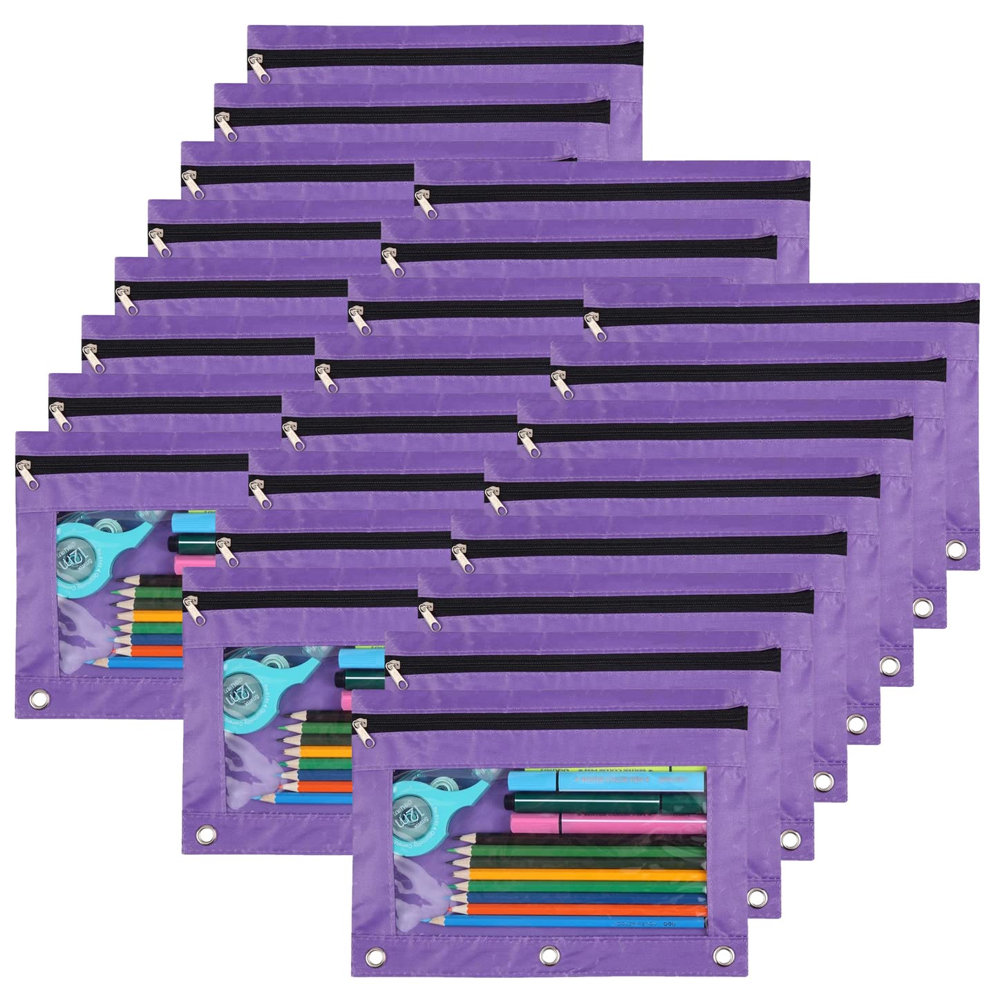 YoeeJob Pencil Pouch for 3 Ring Binder，Zipper Pencil Pouches Bulk，Pencil Case Pouch with Clear Window for Class, School, Office, Purple，24 Packs