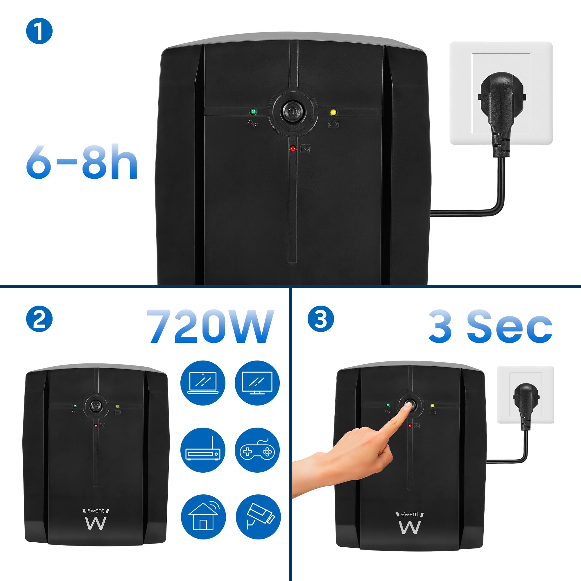 Ewent UPS Gruppo di continuità, Potenza 1300VA (720W) 250V, Protezione da Sovratensioni,Sbalzi Corrente e Blackout, Autonomia 20 min, 3 prese Schuko EU, AVR Line Interactive per PC, Modem, Console