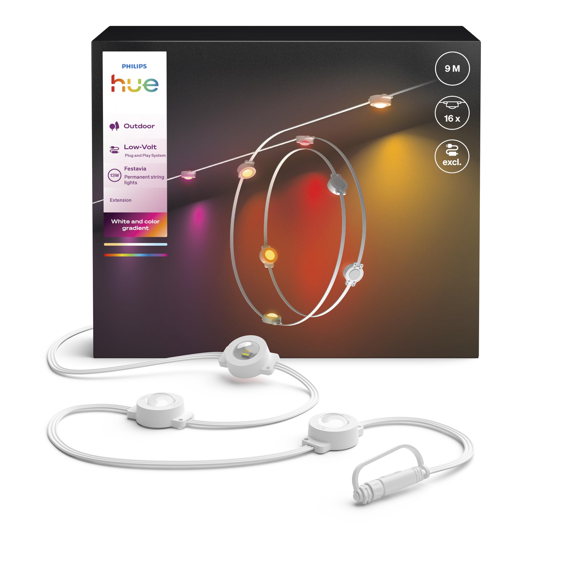 Philips Hue White Festavia Permanent Outdoor String Lights Extension, 9 M, 16 Lights, 55 Lumens Per Light, Dimmable, Weatherproof, Water-Resistant, Easy To Install, And Color Ambience, Wire