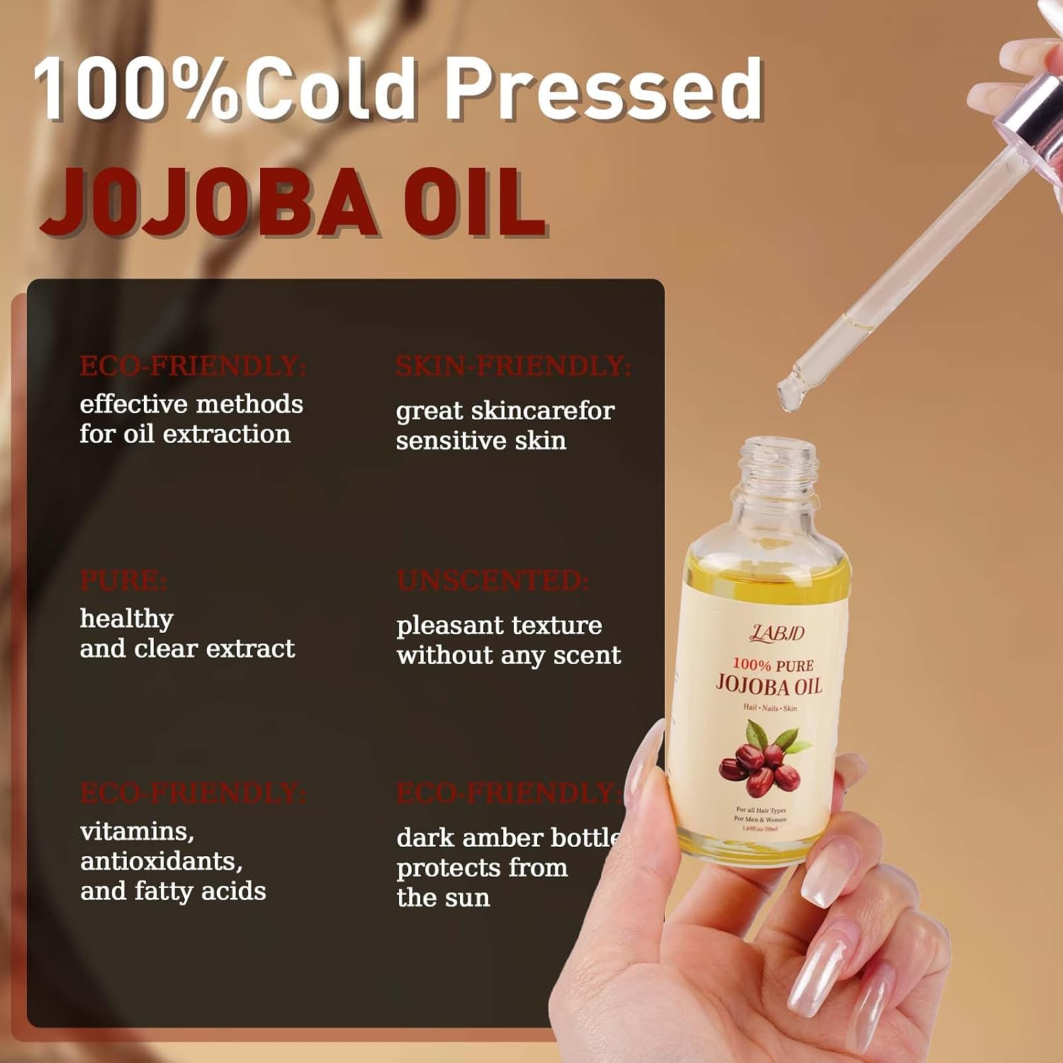 Organic Jojoba Oil 1.69 oz, 100% Natural Jojoba Oil for Hair, Skin, Face and Nails | Cold Pressed Unrefined, Deep Moisturizing Body Oil