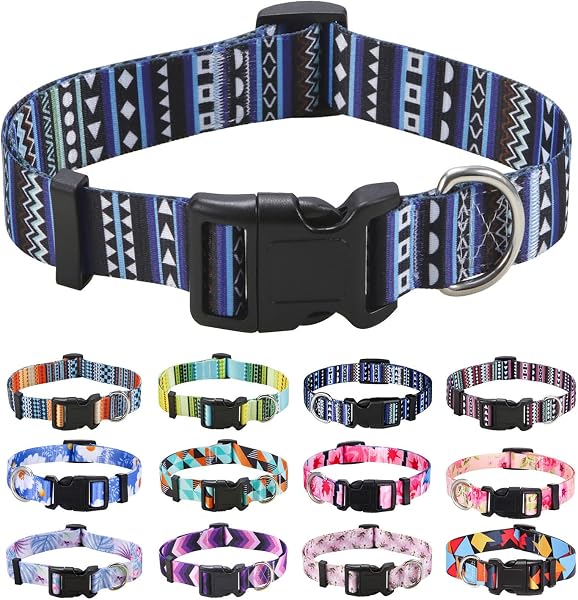 Mihqy Collier pour Chien, Motif Tendance avec Boucle à dégagement Rapide, Bohème, Fleur, Géométrique, Tribal Design, Collier Classique, pour Petits, Moyens et Grands Chiens(Bleu de Bohême,M) - 1