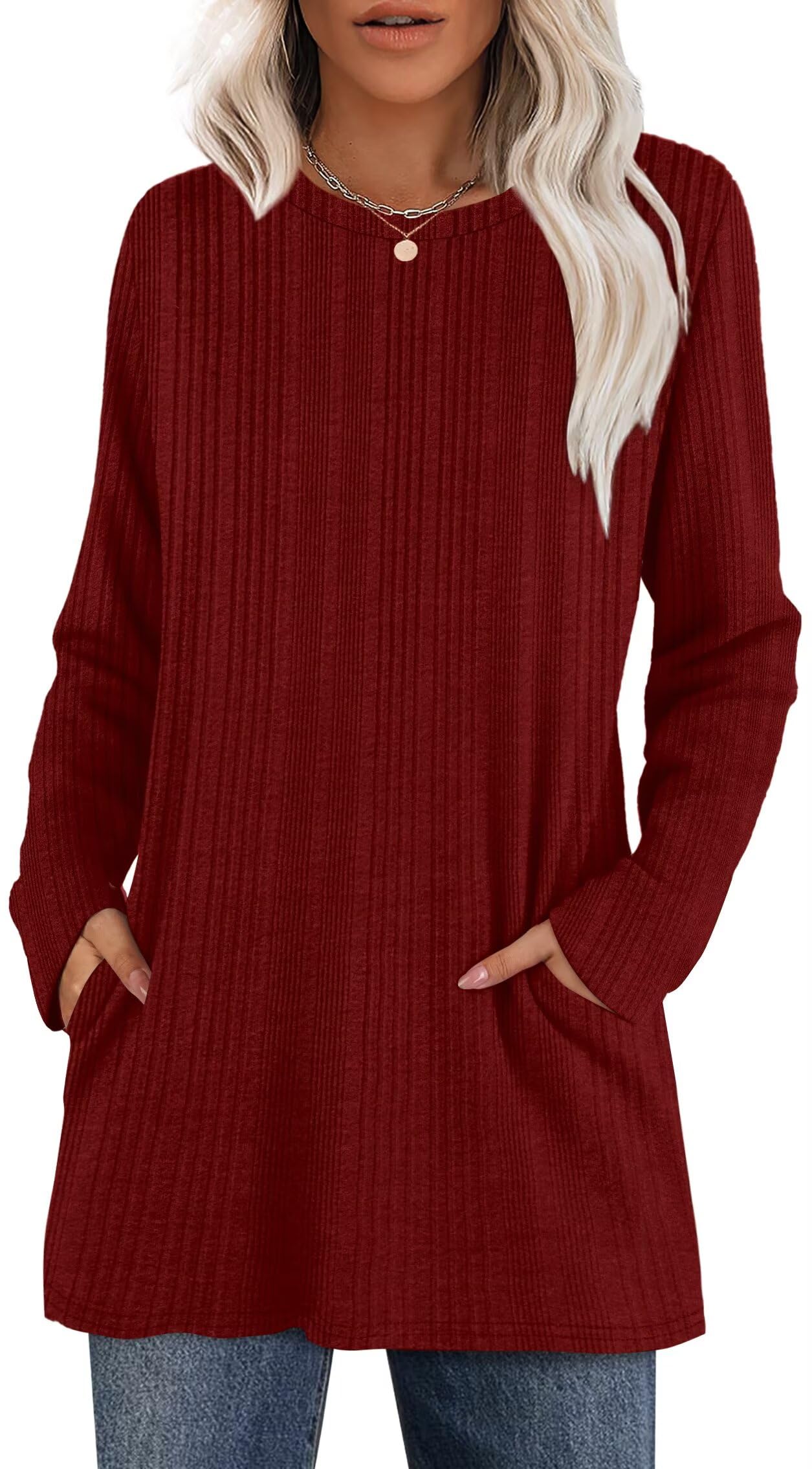 XIEERDUO Longpullover Damen Strickpullover mit Taschen Sweatshirt Herbst Winter 2026