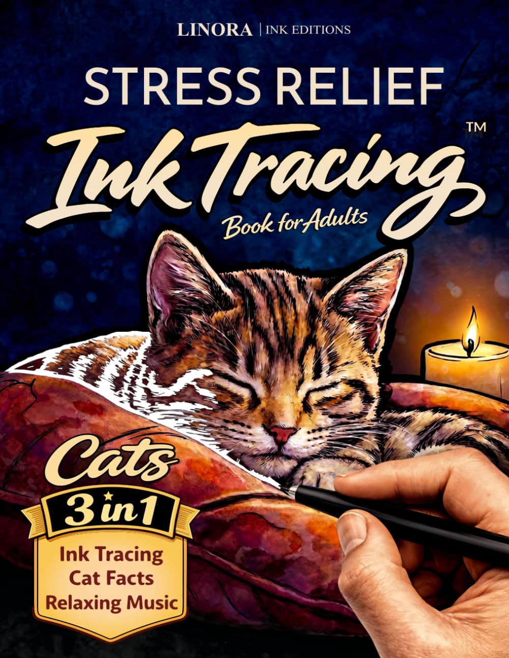 Stress Relief Ink Tracing Book for Adults: Cats - Feline Designs, Cat Facts and Calming Music for Relaxation - A Beautiful Gift