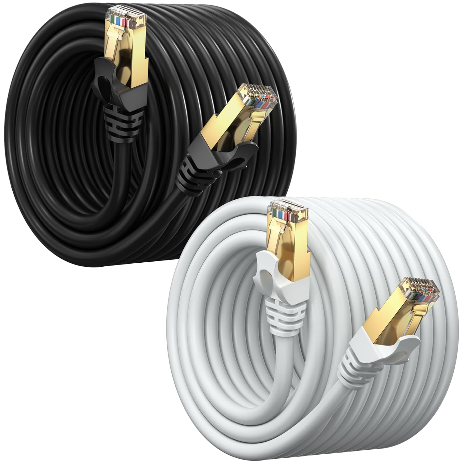 Cat 7 Ethernet Cable 75 ft - (2 Pack) High-Speed Cat7 Internet & Network LAN Patch Cables, RJ45 Connectors - Perfect for Gaming, Streaming, and More (Black and White)
