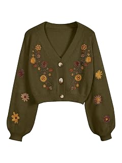 Womens Floral Boho Cardigan Sweater Cottagecore Cropped Cardigan Western Embroidery Button Down Sweates Knit Top