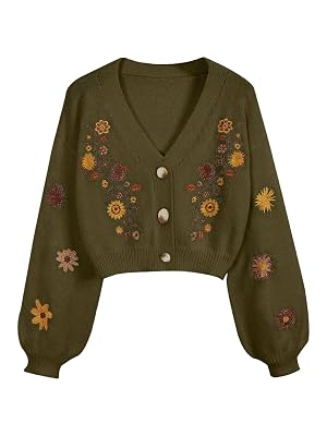 Womens Floral Boho Cardigan Sweater Cottagecore Cropped Cardigan Western Embroidery Button Down Sweates Knit Top