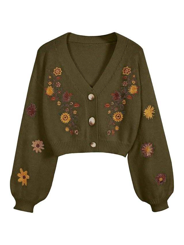 Womens Floral Boho Cardigan Sweater Cottagecore Cropped Cardigan Western Embroidery Button Down Sweates Knit Top