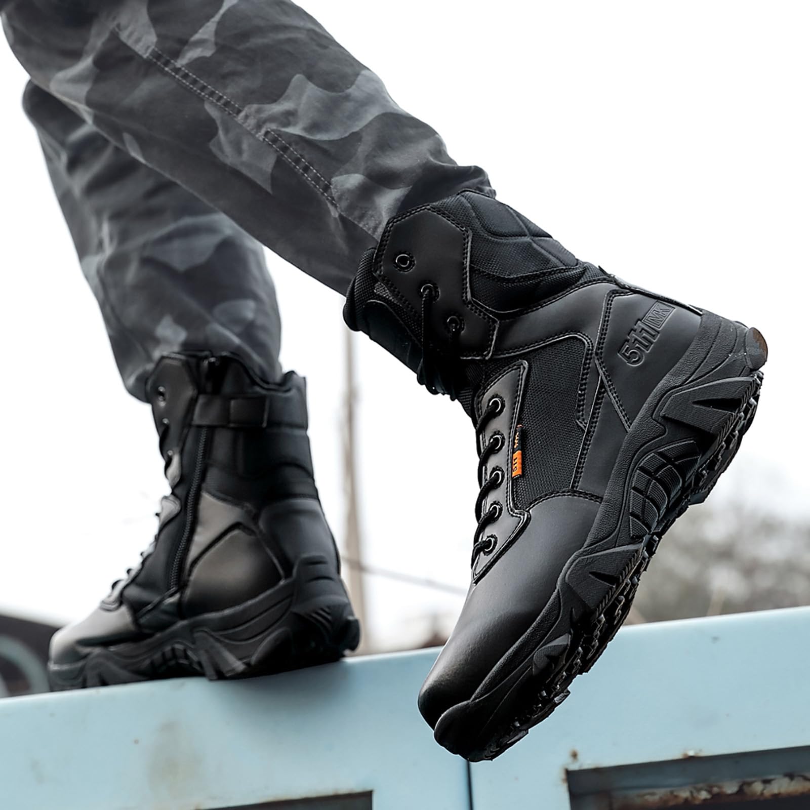 BLBK Bottes militaires imperméables pour homme avec fermeture éclair - En cuir - Pour la randonnée, l'alpinisme, la pêche, la chasse
