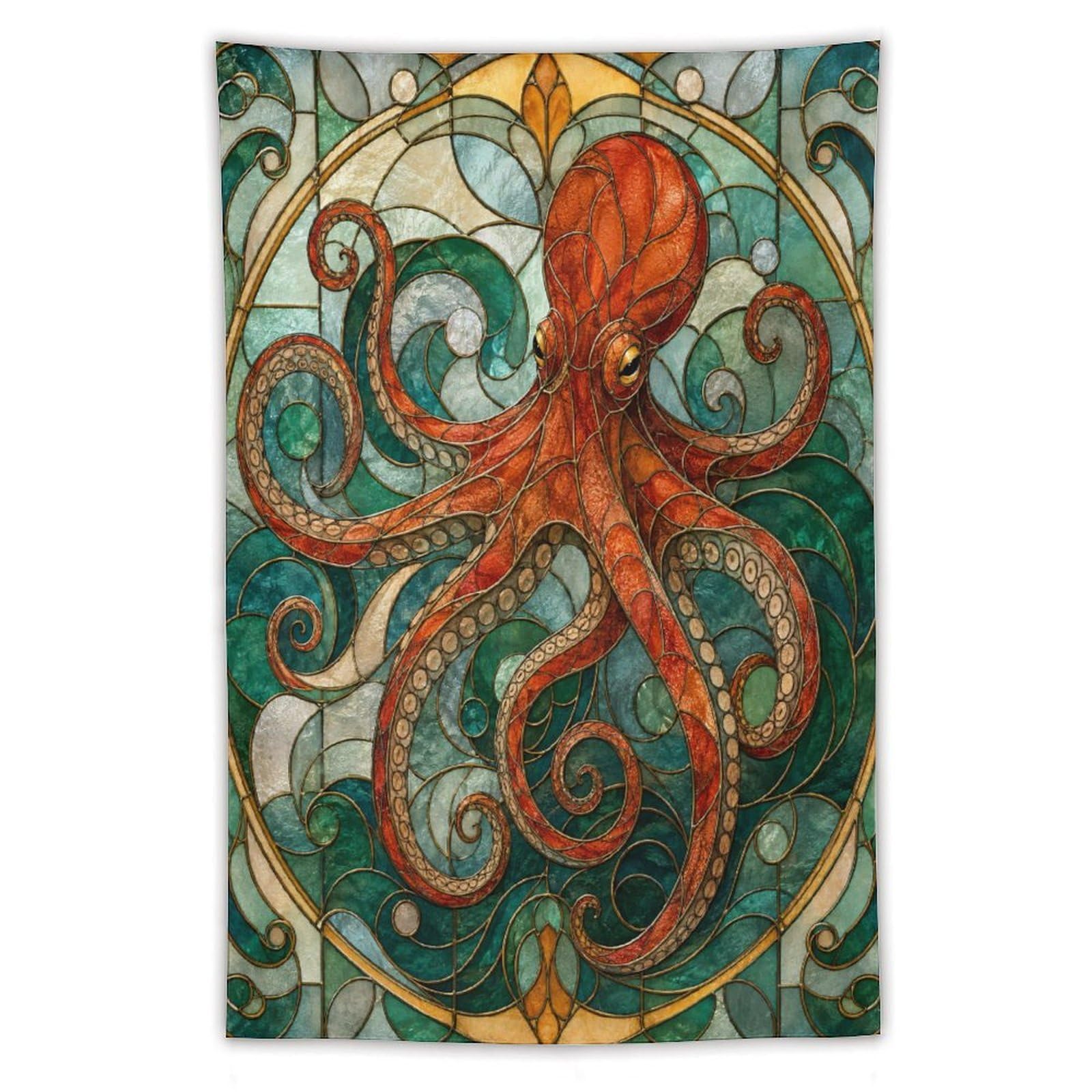 H3B8U2Y5 Octopus Stained Glass Wall Tapestry, Art Nouveau, College Dorm