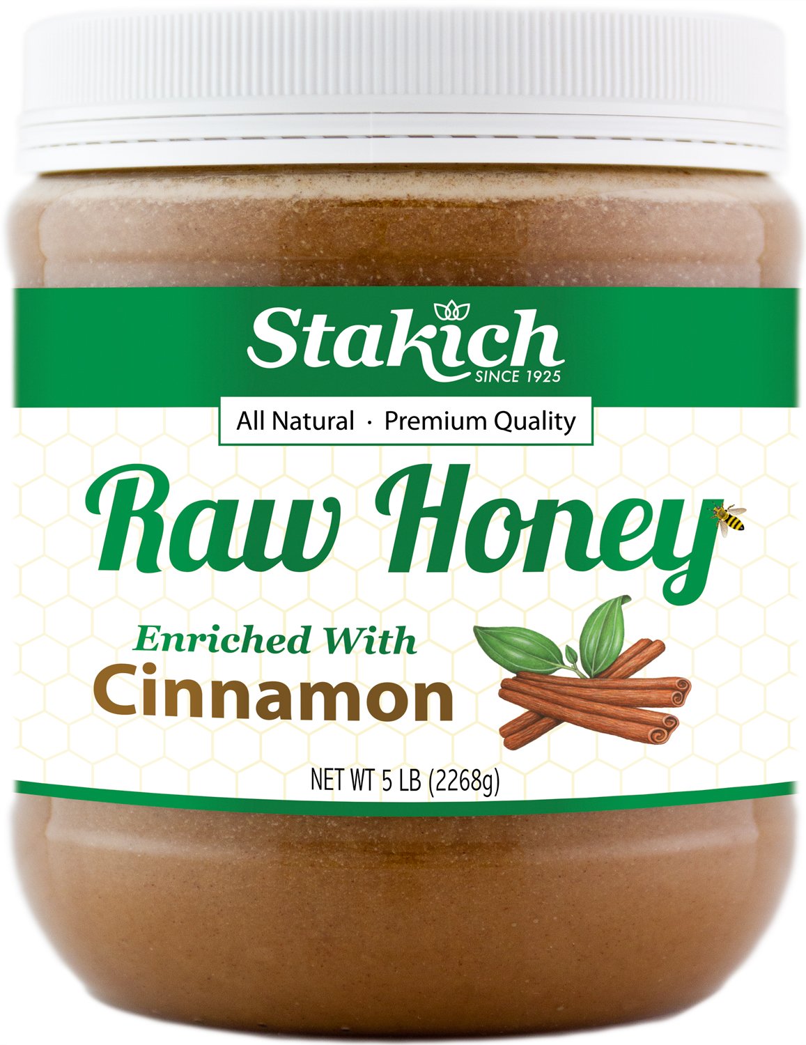 Stakich Cinnamon Enriched Raw Honey - Unprocessed, Unheated - 5 Pound (80 Ounce)