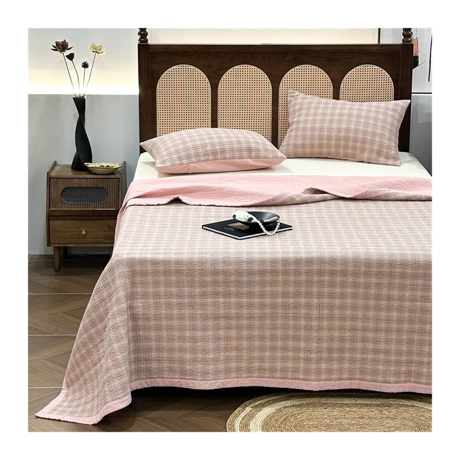 GBHMJU Plaid Quilt Set 3 Pieces Queen Size Soft Cotton Lightweight Summer Reversible Coverlet Bedspread for All Season, 1 Quilt and 2 Pillow Shams(Pink,230x250cm 1 Piece)